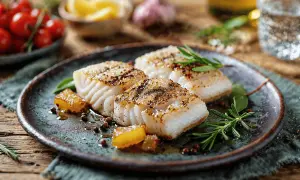 Tre filetti di merluzzo al limone, conditi con pepe e rosmarino, su un piatto scuro.