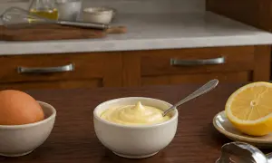 Una ciotola di maionese fatta in casa, un uovo e mezzo limone su un tavolo di legno.
