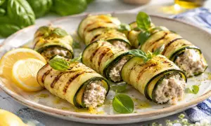 Deliziosi involtini di zucchine grigliate, ripieni di un gustoso composto e guarniti con basilico fresco e spicchi di limone.