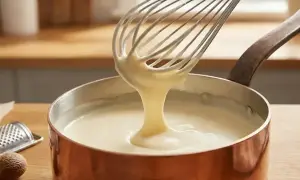 Besciamella fatta in casa cremosa, che cola da una frusta in una pentola di rame. Ingredienti per una ricetta perfetta.