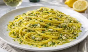 Linguine condite con un saporito pesto al limone e pezzetti di pesce.