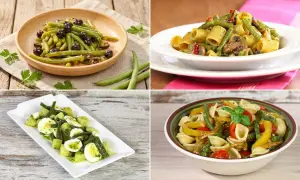 Quattro idee per fagiolini ricette sfiziose: insalata con olive, pasta con verdure, patate e uova, e pasta fredda colorata.