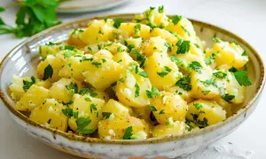 Un invitante piatto di patate prezzemolate, condite con erbe fresche e un tocco di pepe.