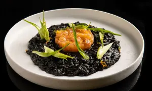 Un piatto di risotto al nero di seppia, sormontato da tartare di salmone e guarnito con erbe fresche e scorza d'arancia.