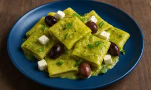 Paccheri conditi con una deliziosa crema di zucchine ricetta, guarniti con cubetti di formaggio e olive nere.