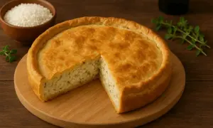 Torta di riso salata dorata, con una fetta mancante che rivela il ripieno cremoso. Accanto, una ciotola di riso e rametti di erbe aromatiche.