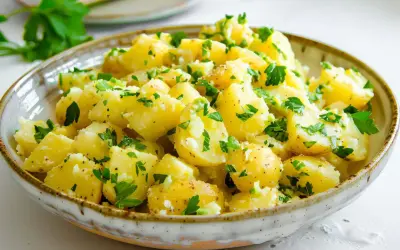 Un invitante piatto di patate prezzemolate, condite con erbe fresche e un tocco di pepe.