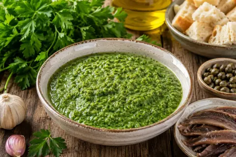 Una ciotola di vibrante salsa verde, con aglio, prezzemolo, capperi e acciughe, pronta per essere gustata.
