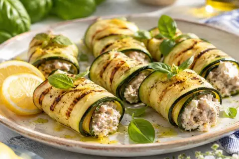 Deliziosi involtini di zucchine grigliate, ripieni di un gustoso composto e guarniti con basilico fresco e spicchi di limone.