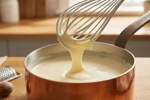 Besciamella fatta in casa cremosa, che cola da una frusta in una pentola di rame. Ingredienti per una ricetta perfetta.