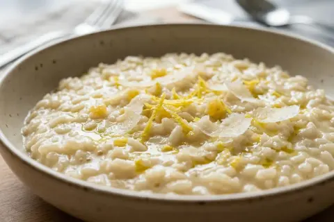 Un cremoso riso al limone, guarnito con scaglie di parmigiano e scorza di limone, pronto per essere gustato.