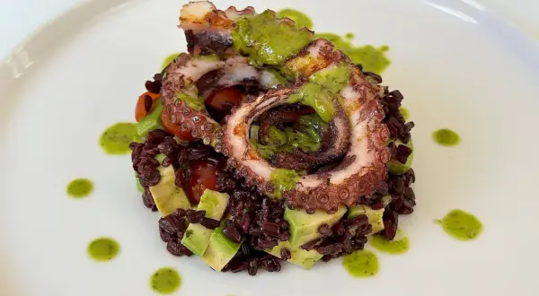 Delizioso polpo alla griglia servito su riso venere con avocado e pomodorini, guarnito con salsa verde.
