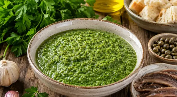 Una ciotola di vibrante salsa verde, con aglio, prezzemolo, capperi e acciughe, pronta per essere gustata.