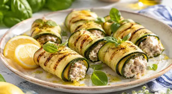 Deliziosi involtini di zucchine grigliate, ripieni di un gustoso composto e guarniti con basilico fresco e spicchi di limone.