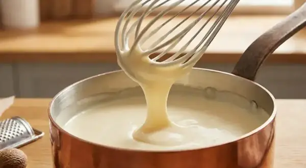 Besciamella fatta in casa cremosa, che cola da una frusta in una pentola di rame. Ingredienti per una ricetta perfetta.