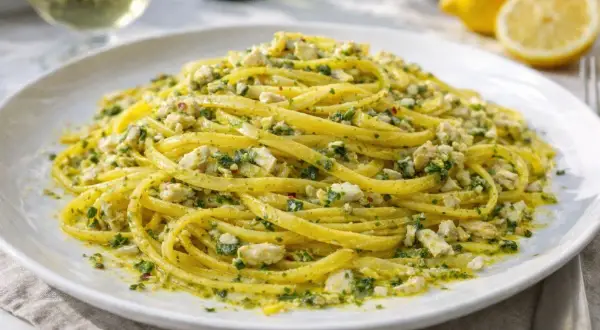 Linguine condite con un saporito pesto al limone e pezzetti di pesce.