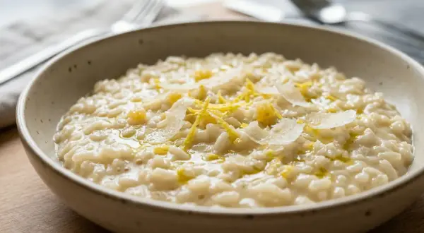Un cremoso riso al limone, guarnito con scaglie di parmigiano e scorza di limone, pronto per essere gustato.