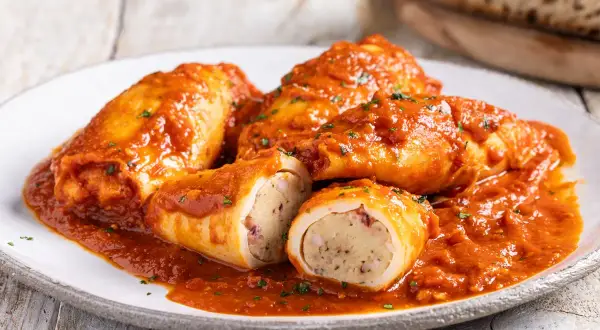 Calamari ripieni in padella, succulenti e ricoperti da un sugo rosso, pronti per essere gustati.