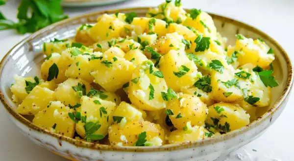 Un invitante piatto di patate prezzemolate, condite con erbe fresche e un tocco di pepe.