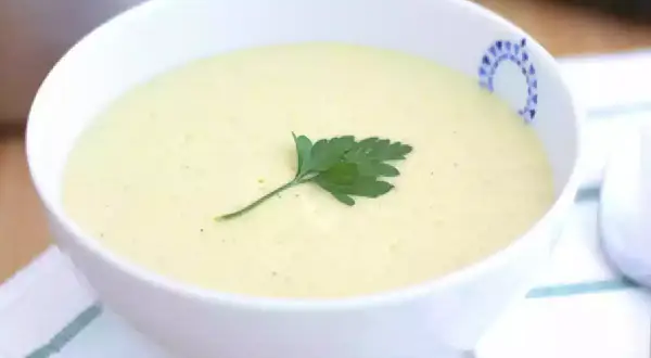 Una cremosa vellutata di zucchine, guarnita con un rametto di prezzemolo fresco, servita in una ciotola bianca con un bordo decorato.