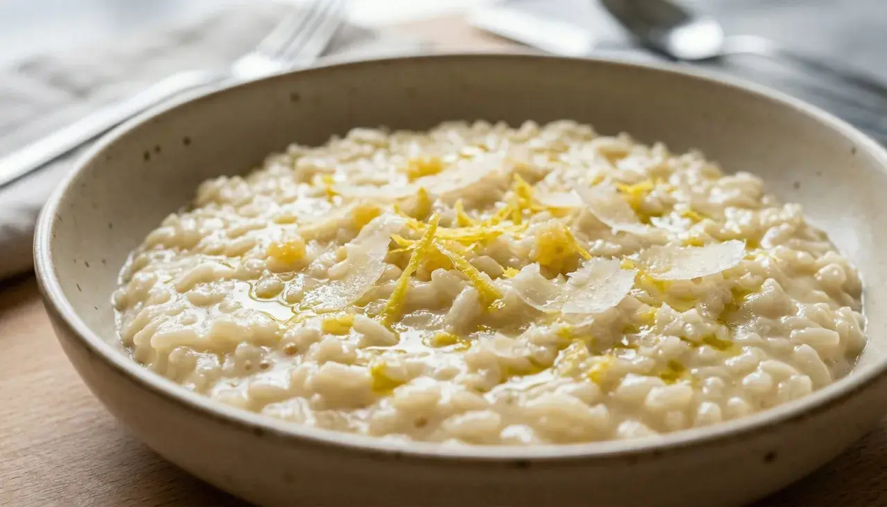 Un cremoso riso al limone, guarnito con scaglie di parmigiano e scorza di limone, pronto per essere gustato.