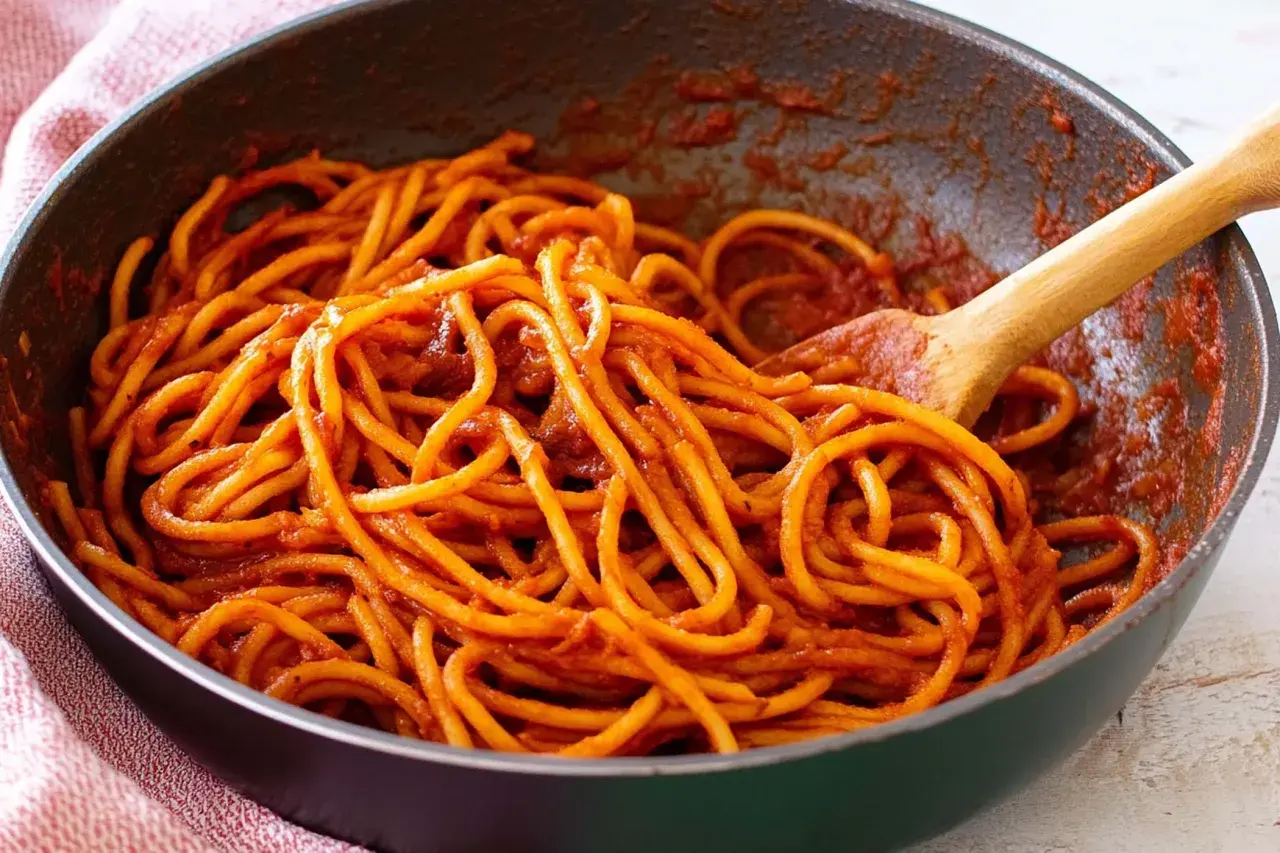 Spaghetti all'assassina ricetta: pasta cotta in padella con sugo rosso piccante, pronta per essere gustata.
