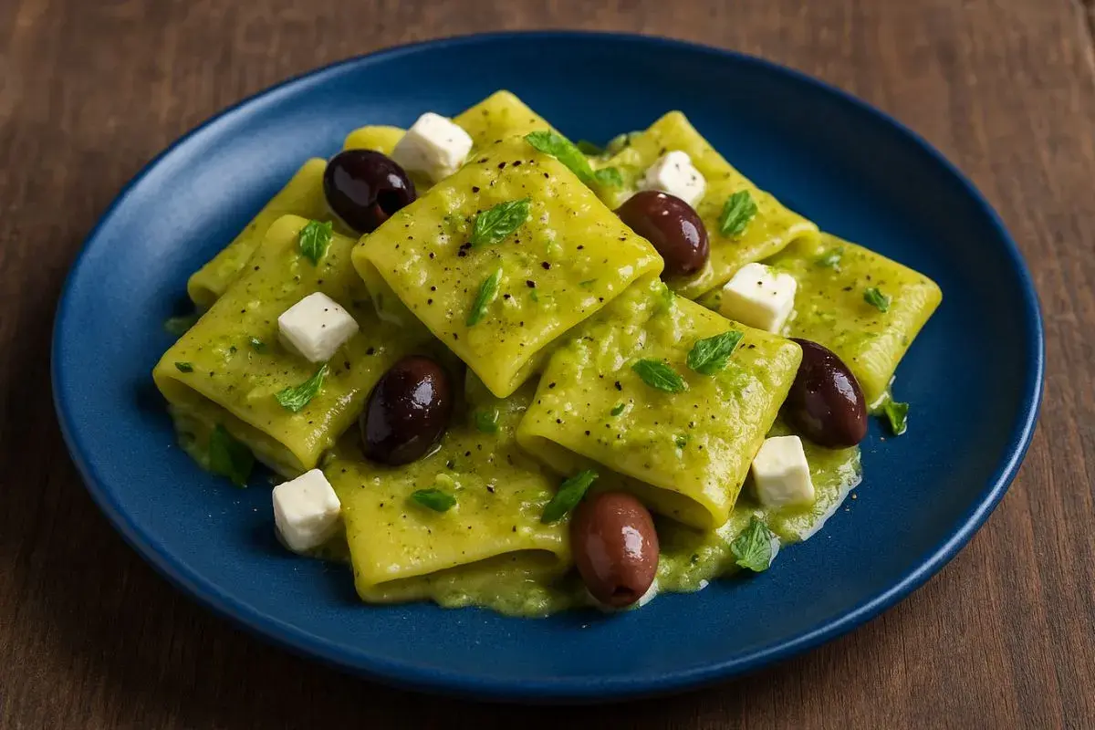 Paccheri conditi con una deliziosa crema di zucchine ricetta, guarniti con cubetti di formaggio e olive nere.