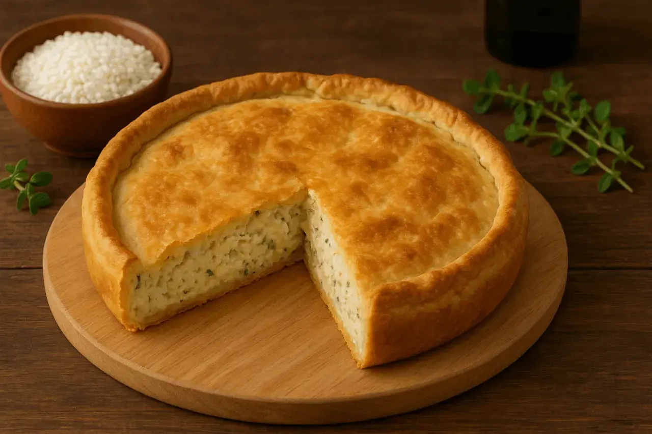 Torta di riso salata dorata, con una fetta mancante che rivela il ripieno cremoso. Accanto, una ciotola di riso e rametti di erbe aromatiche.