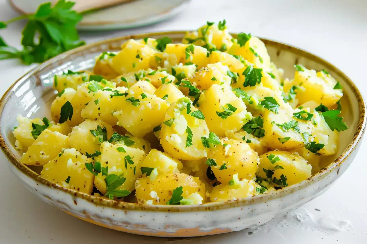 Un invitante piatto di patate prezzemolate, condite con erbe fresche e un tocco di pepe.