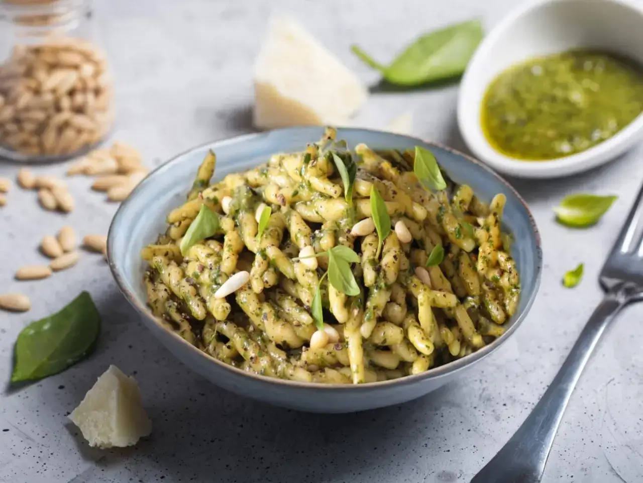 Un piatto di trofie condite con un profumato pesto alla genovese, guarnito con pinoli e basilico fresco.