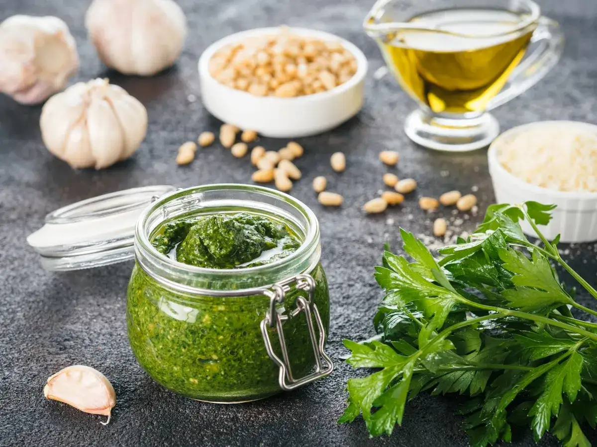 Vaso di salsa verde fatto in casa, con ingredienti freschi: aglio, pinoli, olio d'oliva e prezzemolo.