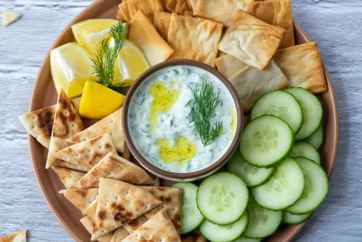 Piatto con salsa tzatziki ricetta, cetrioli, limone e pane pita croccante. Perfetto per un aperitivo fresco e gustoso.