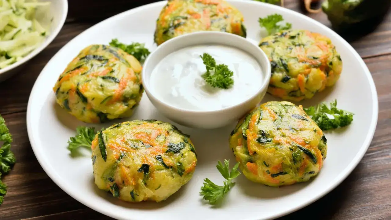 Frittelle di zucchine dorate e saporite, servite con una salsa cremosa e guarnite con prezzemolo fresco.