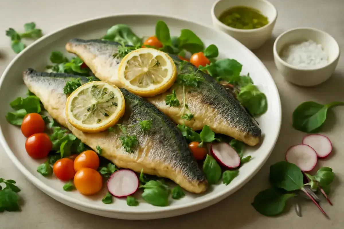 Branzino al forno con limone, pomodorini e insalata. Un'idea per branzino ricette leggere e gustose.