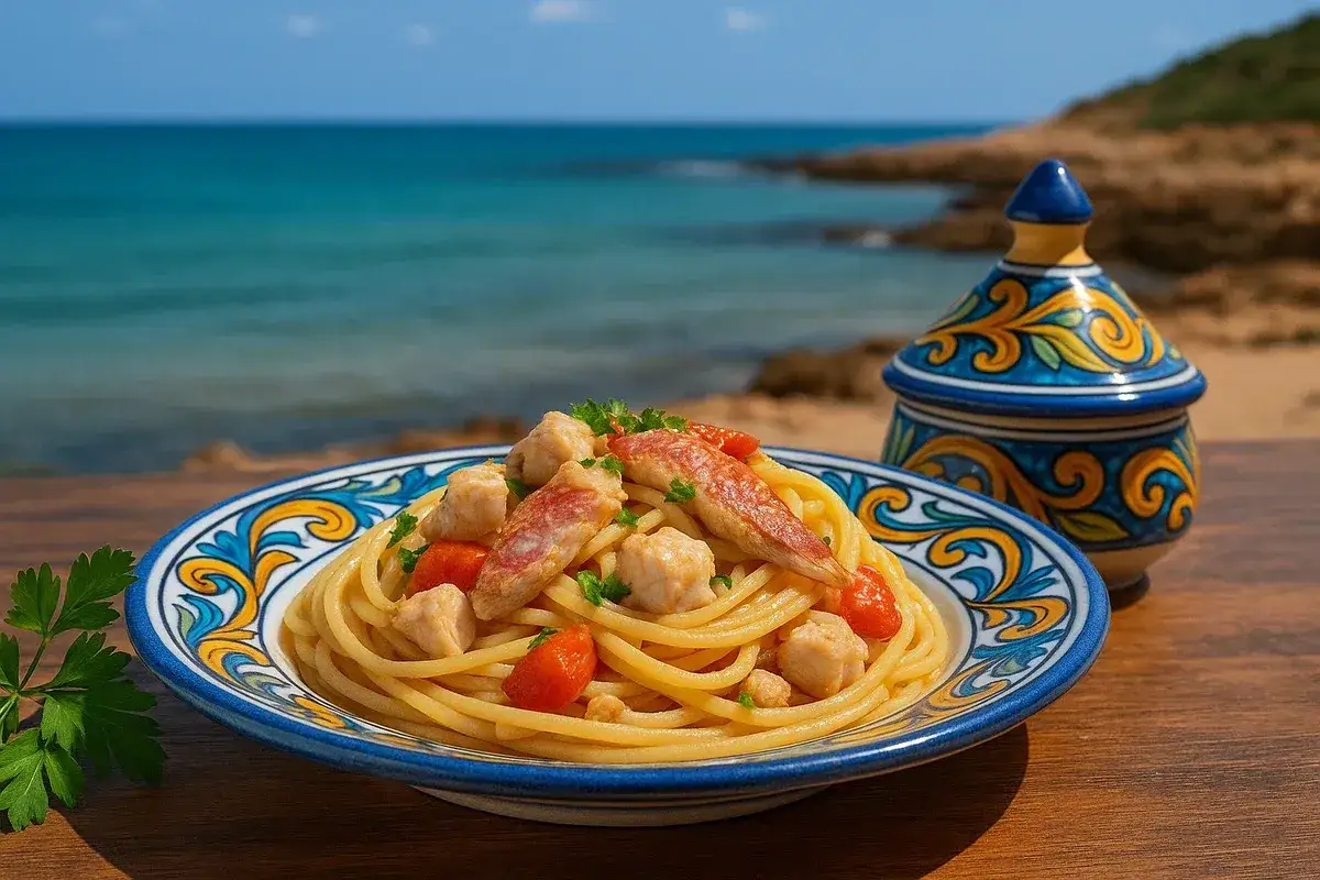 Spaghetti con la ricciola, pomodorini e prezzemolo su un piatto decorato, con il mare sullo sfondo.