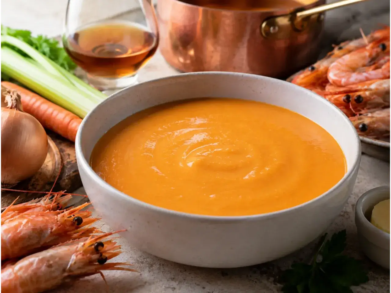 Una ciotola di cremosa bisque di crostacei, con gamberi freschi, carote, sedano e cipolla come ingredienti.