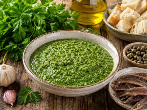 Una ciotola di vibrante salsa verde, con aglio, prezzemolo, capperi e acciughe, pronta per essere gustata.
