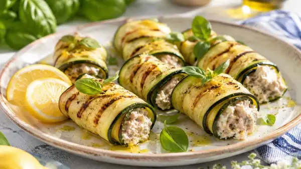 Deliziosi involtini di zucchine grigliate, ripieni di un gustoso composto e guarniti con basilico fresco e spicchi di limone.