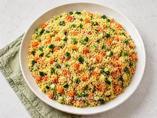 Un piatto invitante di cous cous con verdure colorate: carote, zucchine e cipolla rossa, pronto per essere gustato.