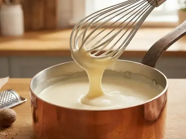 Besciamella fatta in casa cremosa, che cola da una frusta in una pentola di rame. Ingredienti per una ricetta perfetta.