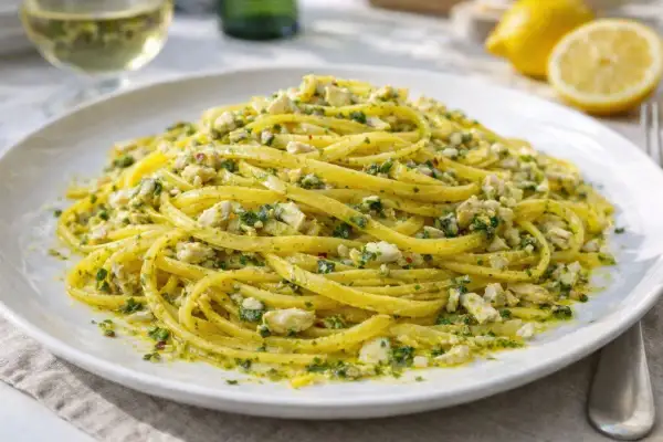 Linguine condite con un saporito pesto al limone e pezzetti di pesce.