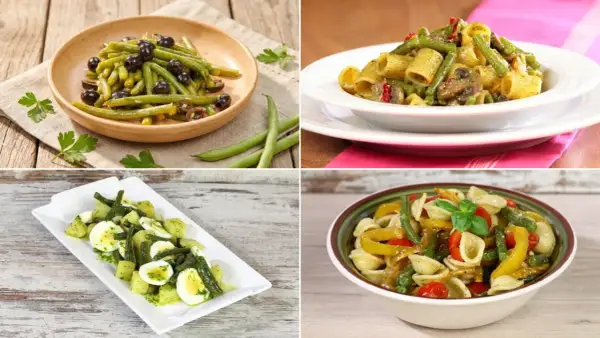 Quattro idee per fagiolini ricette sfiziose: insalata con olive, pasta con verdure, patate e uova, e pasta fredda colorata.