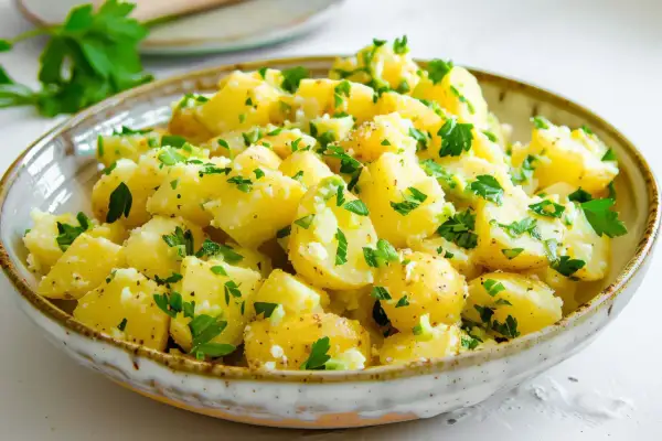 Un invitante piatto di patate prezzemolate, condite con erbe fresche e un tocco di pepe.