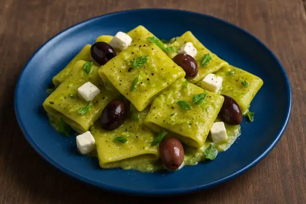 Paccheri conditi con una deliziosa crema di zucchine ricetta, guarniti con cubetti di formaggio e olive nere.