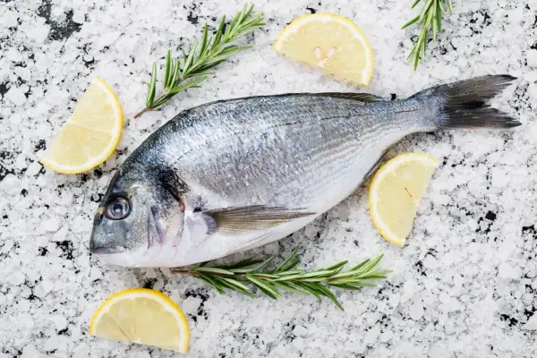 Orata al sale, pronta per essere cucinata, adagiata su un letto di sale grosso con spicchi di limone e rametti di rosmarino.