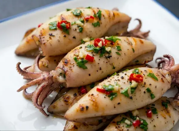 Calamari alla piastra succulenti, conditi con aglio, peperoncino e prezzemolo fresco, serviti su un piatto bianco.